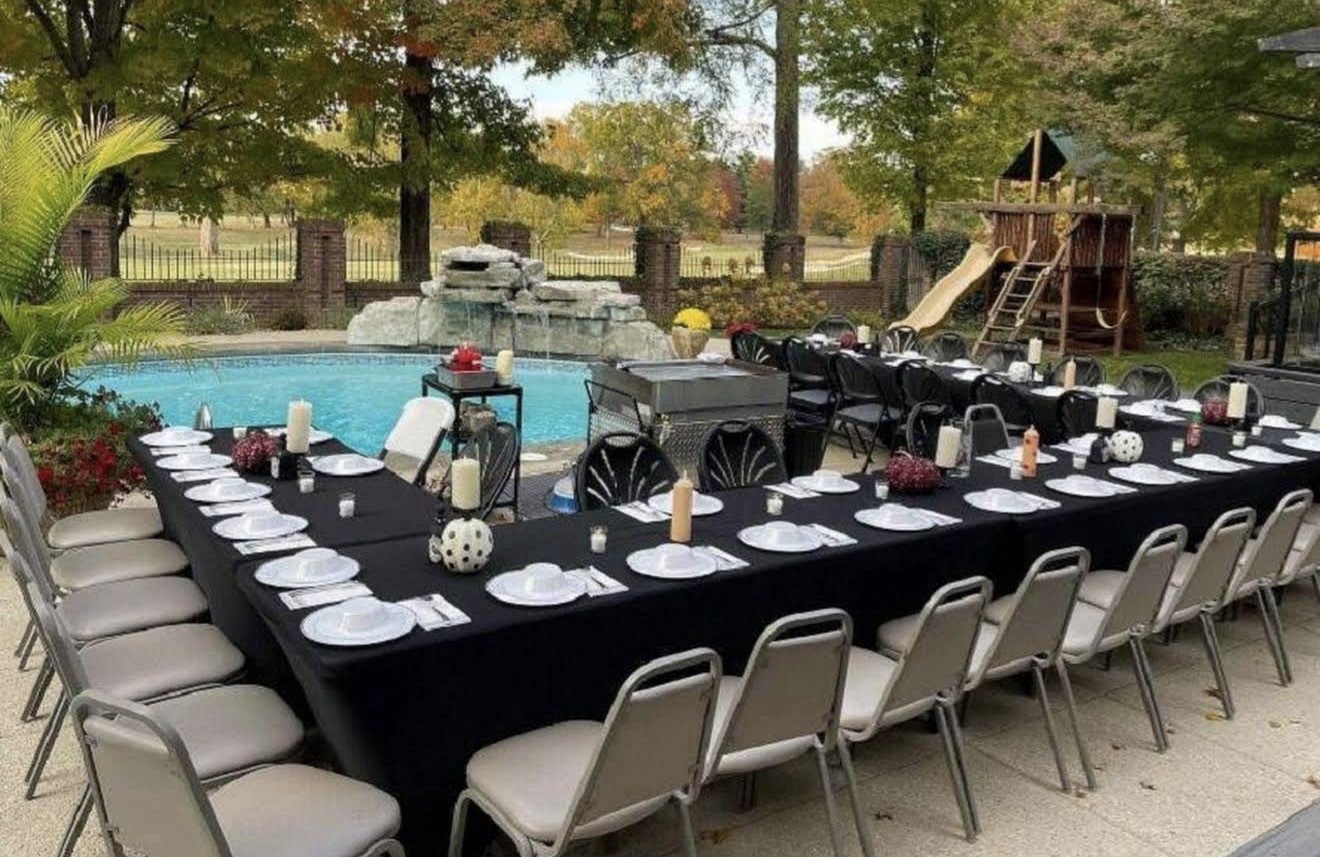 Poolside long-table hibachi party setup in Florida
